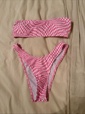 Pink Checkerboard Bandeau Bikini Set - Women Swim